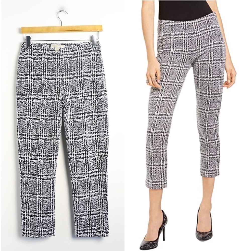 Michael Kors printed stretch pants black white cropped ankle XS abstract plaid